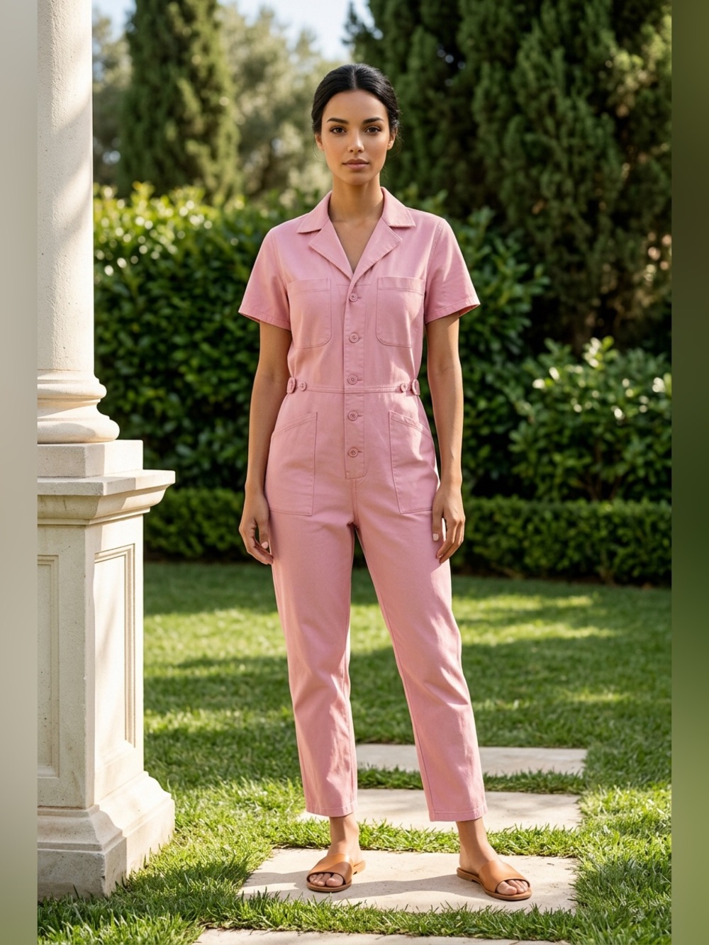Pistola Pink Short Sleeve Button Front Utility Jumpsuit Straight Leg - Picture 7 of 7